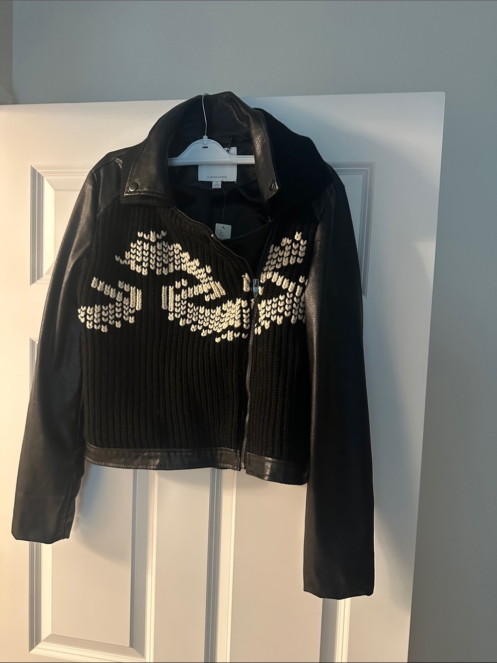 Anthropologie Black Leather & Knit Motto jacket with Cream Pattern